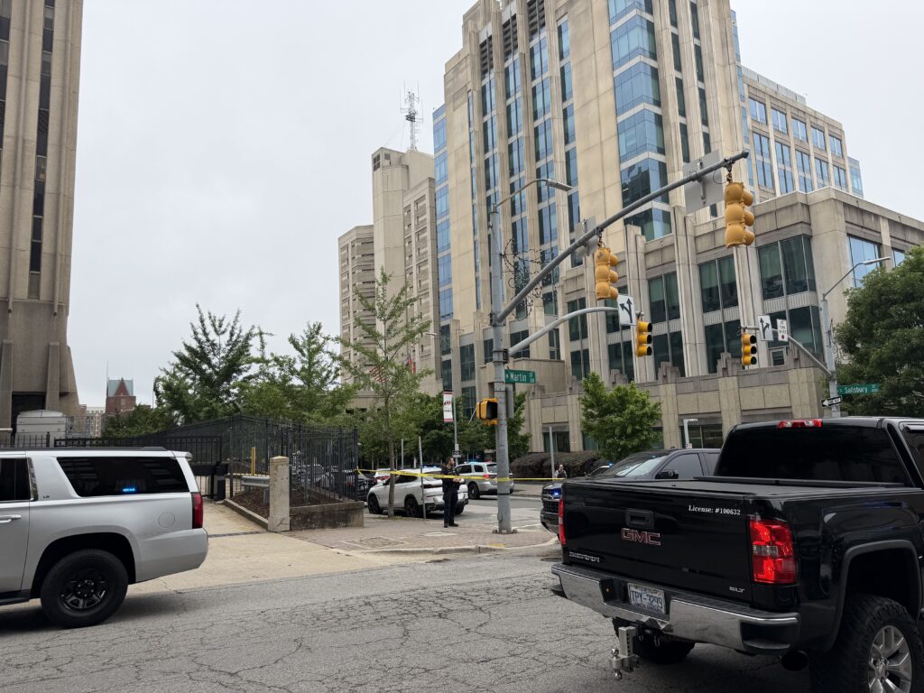 According to the Raleigh Police Department, officers and Wake County deputies responded to a shooting just after 10:30 a.m. in the 300 block of Fayetteville Street near the Wake County Courthouse. (Harrison Grubb/CBS 17)