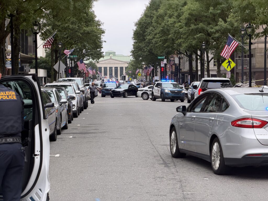 According to the Raleigh Police Department, officers and Wake County deputies responded to a shooting just after 10:30 a.m. in the 300 block of Fayetteville Street near the Wake County Courthouse. (Harrison Grubb/CBS 17)
