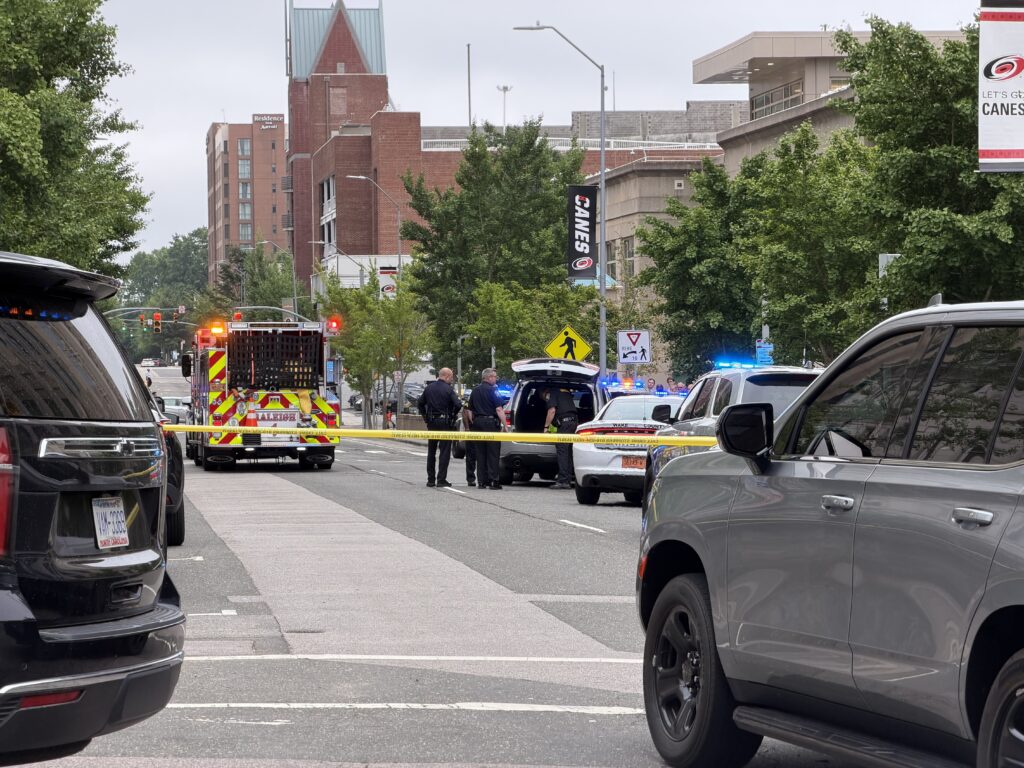 According to the Raleigh Police Department, officers and Wake County deputies responded to a shooting just after 10:30 a.m. in the 300 block of Fayetteville Street near the Wake County Courthouse. (Harrison Grubb/CBS 17)