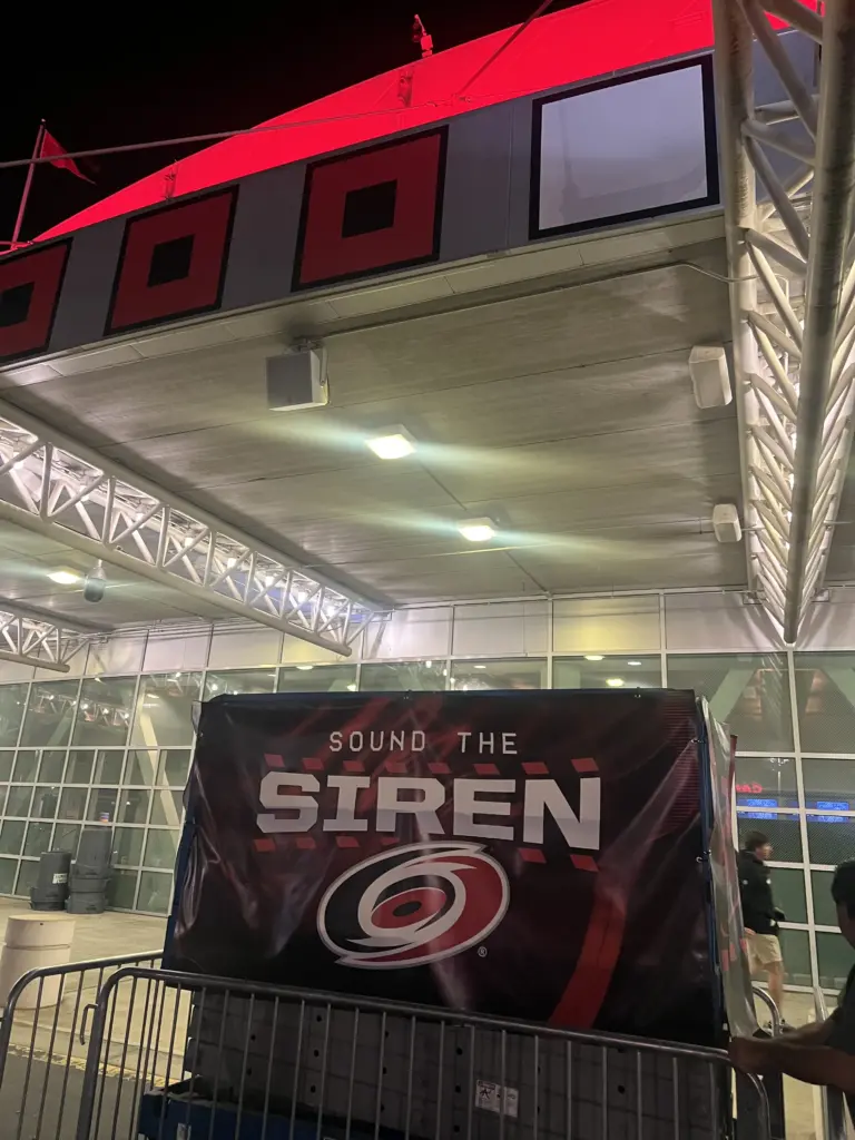 Sound the siren! Canes' fans outside of Lenovo Center prepare to add a warning that the Stanley Cup could return to Raleigh (Greg Funderburg/CBS 17)