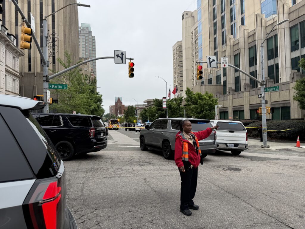 According to the Raleigh Police Department, officers and Wake County deputies responded to a shooting just after 10:30 a.m. in the 300 block of Fayetteville Street near the Wake County Courthouse. (Harrison Grubb/CBS 17)