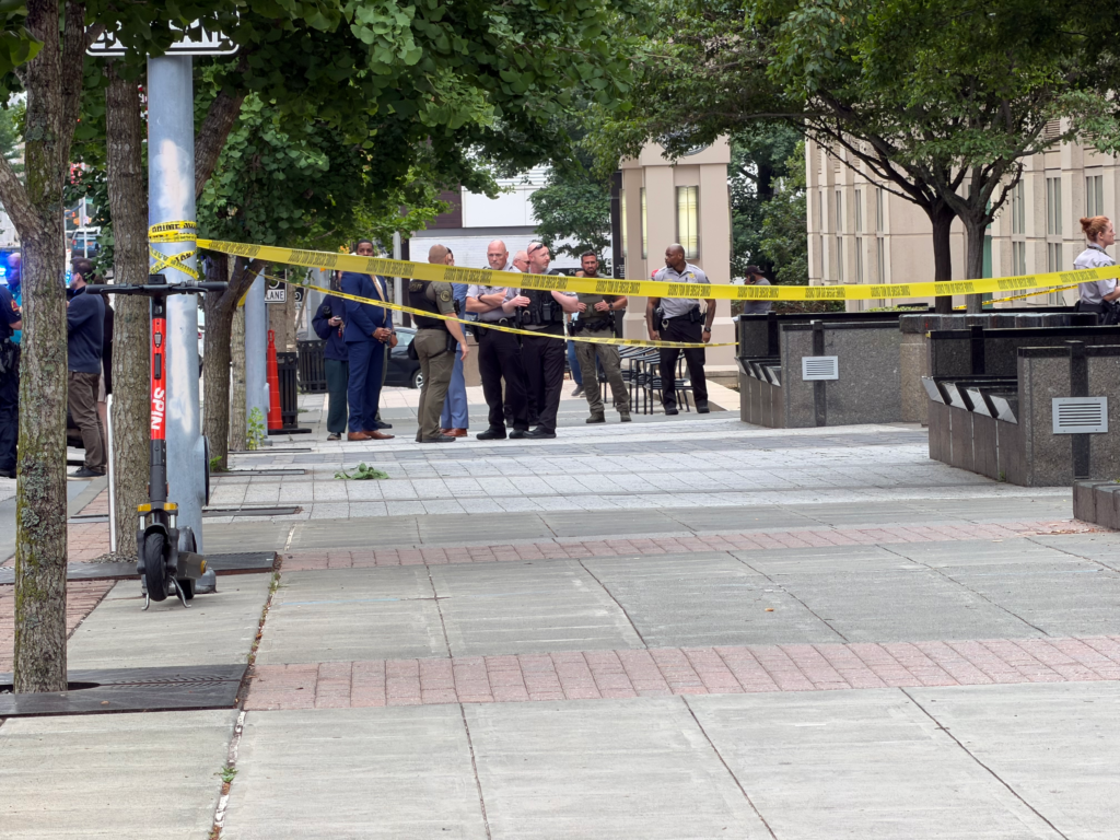 According to the Raleigh Police Department, officers and Wake County deputies responded to a shooting just after 10:30 a.m. in the 300 block of Fayetteville Street near the Wake County Courthouse. (Harrison Grubb/CBS 17)