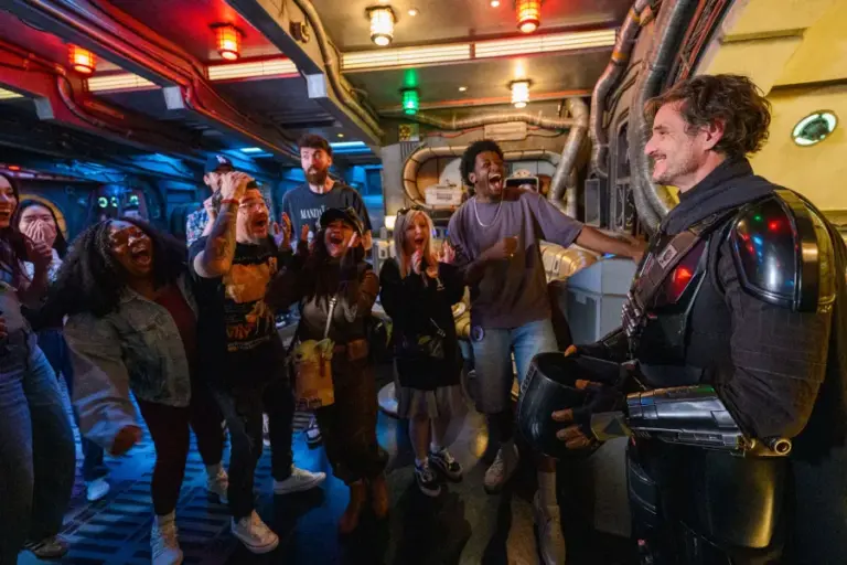 Actor Pedro Pascal from “Star Wars: The Mandalorian and Grogu” surprises guests in Star Wars: Galaxy’s Edge at Disneyland park in Anaheim, Calif., on May 16, 2026. A new mission aboard Millennium Falcon: Smugglers Run with Mandalorian and Grogu debuts May 22, 2026, at Disneyland Resort and Walt Disney World Resort, coinciding with the premiere of Lucasfilm’s new film, “Star Wars: The Mandalorian and Grogu.” (Richard Harbaugh/Disneyland Resort)