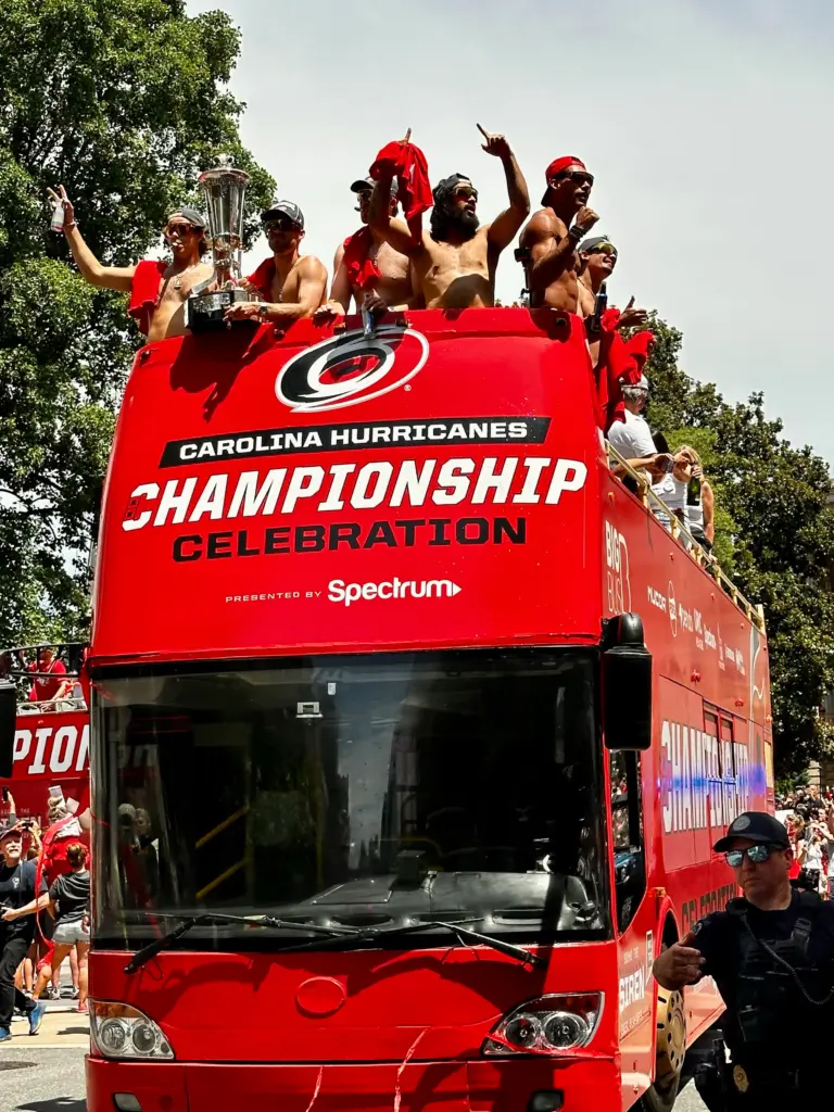 Members of the Carolina Hurricanes went tarps off for part of the championship parade in Raleigh. (Russ Bowen)