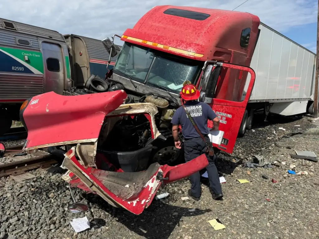 18-wheeler smashed by Amtrak train in Durham (Photos courtesy of the Durham Fire Department)