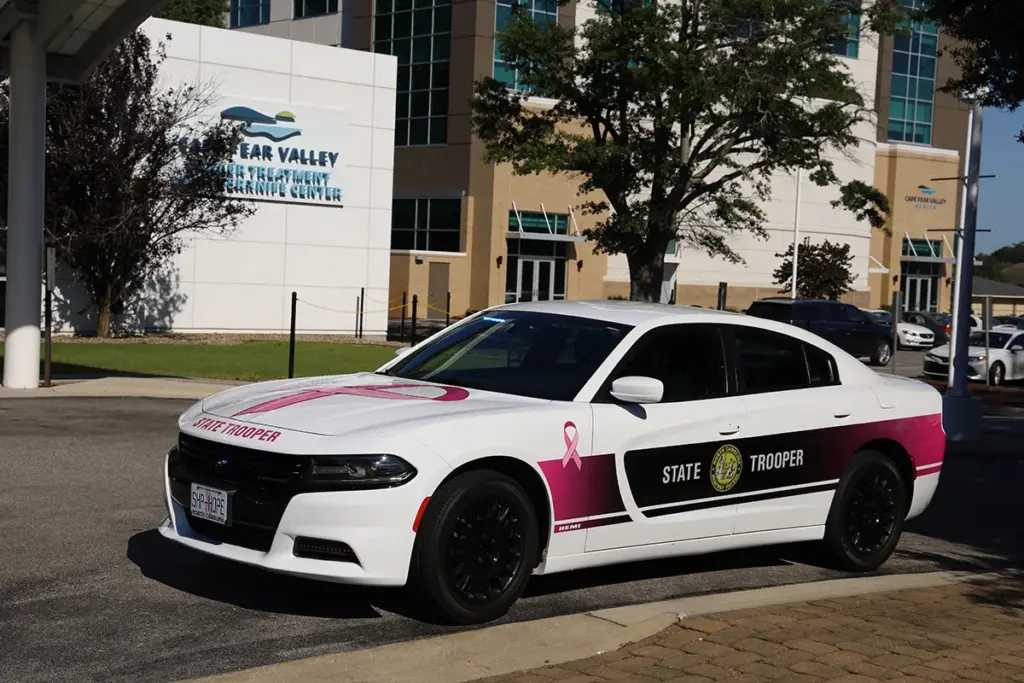 Custom NCSHP patrol car at the Cape Fear Valley Cancer Treatment & CyberKnife Center in Fayetteville (Photo courtesy of Cape Fear Valley Health)