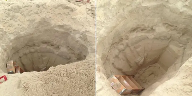 Two views of ONE deep hole in the beach at the Outer Banks town of Nags Head, N.C. in August 2015. The photo has since become iconic for beach hole problems. Photo courtesy: Town of Nags Head, NC