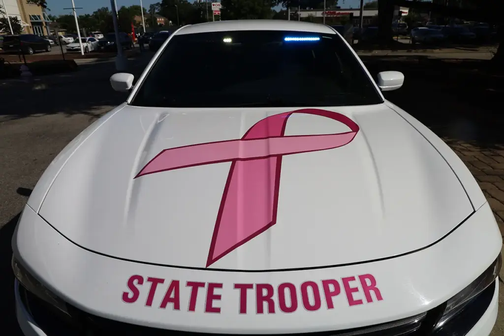 Custom NCSHP patrol car at the Cape Fear Valley Cancer Treatment & CyberKnife Center in Fayetteville (Photo courtesy of Cape Fear Valley Health)