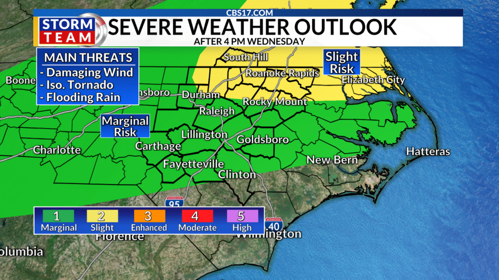 Heavy rain, damaging wind gusts, and isolated tornadoes are possible tonight into Thursday as a slow-moving cold front slides through the area.