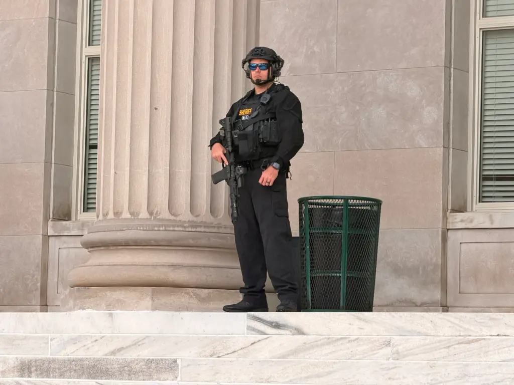 Security outside of the Wilson County Courthouse the day after a shooting outside the building. (Dorez Wynn/CBS 17)