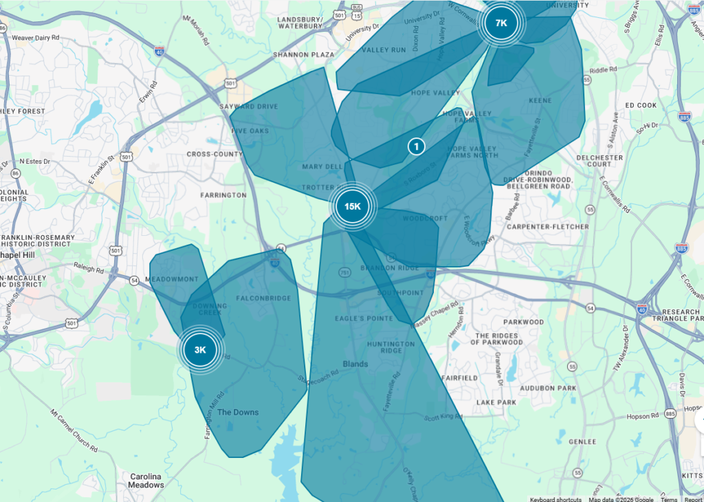 A map from Duke Energy shows multiple outages throughout Durham County, spanning from just north of Proctor Street to O'Kelley Chapel Road in the south and east to west from the intersection of East Lawson Street and South Alston Avenue to Old Chapel Road. (Duke Energy)