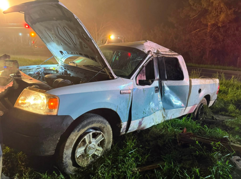 Driver thrown from pickup truck in Franklinville, pinned beneath power pole taken to hospital, firefighters say (Franklinville Fire Department)