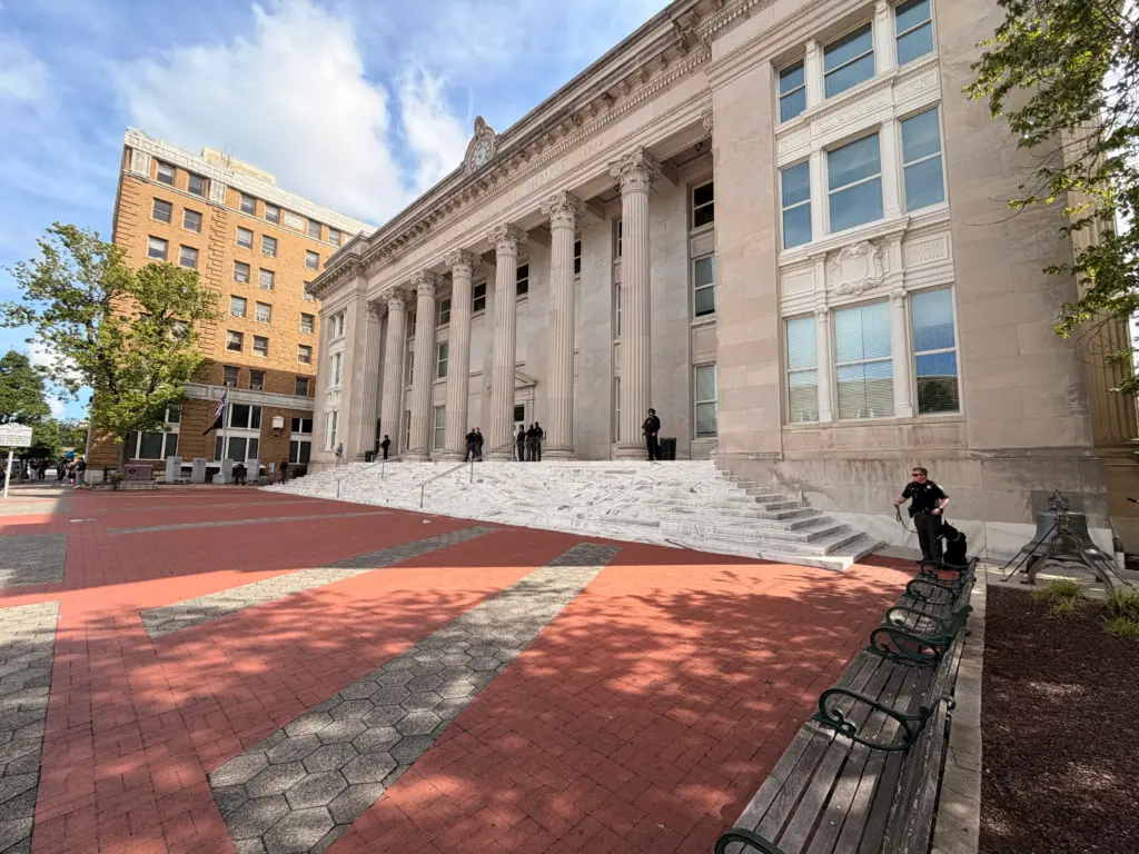 Security outside of the Wilson County Courthouse the day after a shooting outside the building. (Dorez Wynn/CBS 17)