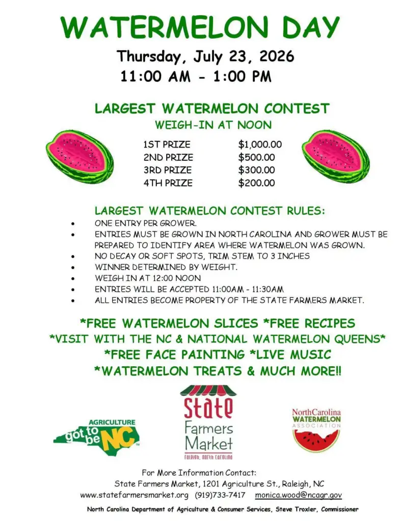 Celebrate the sweet taste of summer at North Carolina Watermelon Day on Thursday, July 23, from 11 a.m. to 1 p.m. at the State Farmers Market in Raleigh. (NC Watermelon Association)