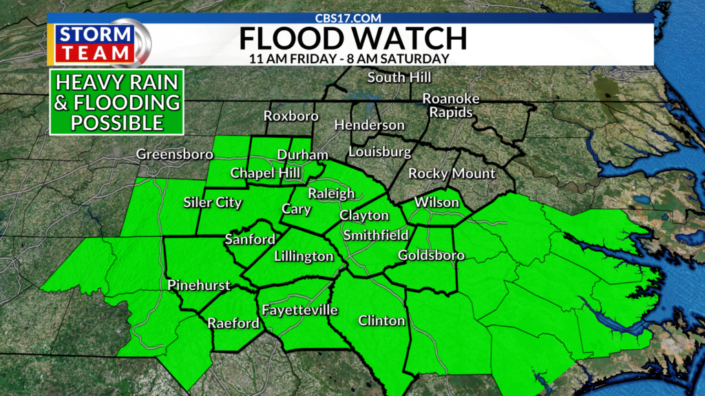 Parts of Central North Carolina will be under a flood watch through Saturday morning, the National Weather Service in Raleigh said Friday.