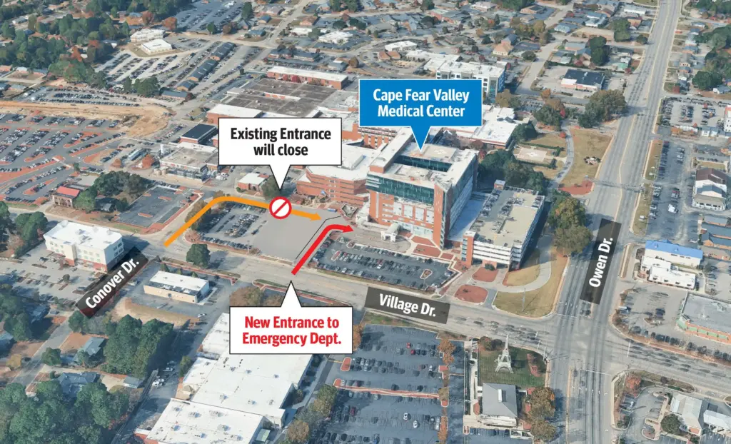 According to the health system, the new entrance will allow patients and visitors to turn directly from Village Drive to the emergency department parking lot. (Cape Fear Valley Health)