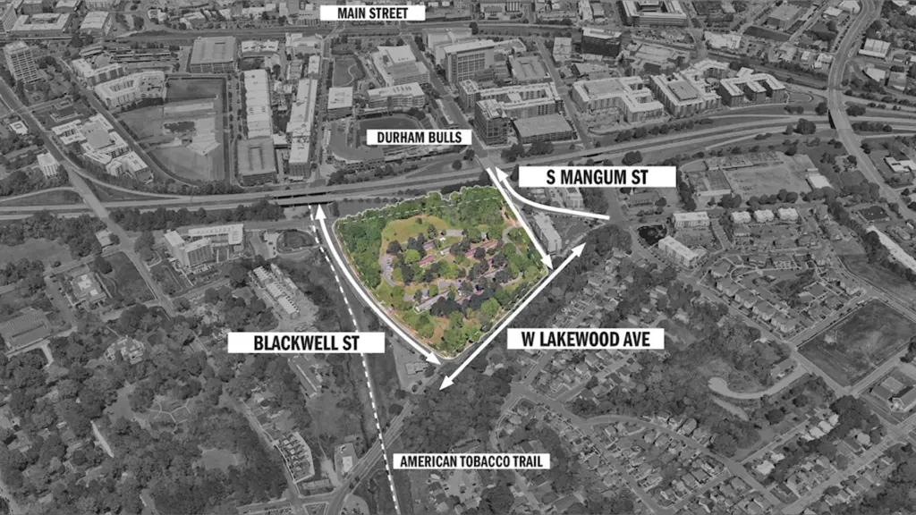 Developers plan to build more than 900 mixed-income apartments and townhomes right across the freeway near the Durham Bulls Athletic Park. (The Integral Group)